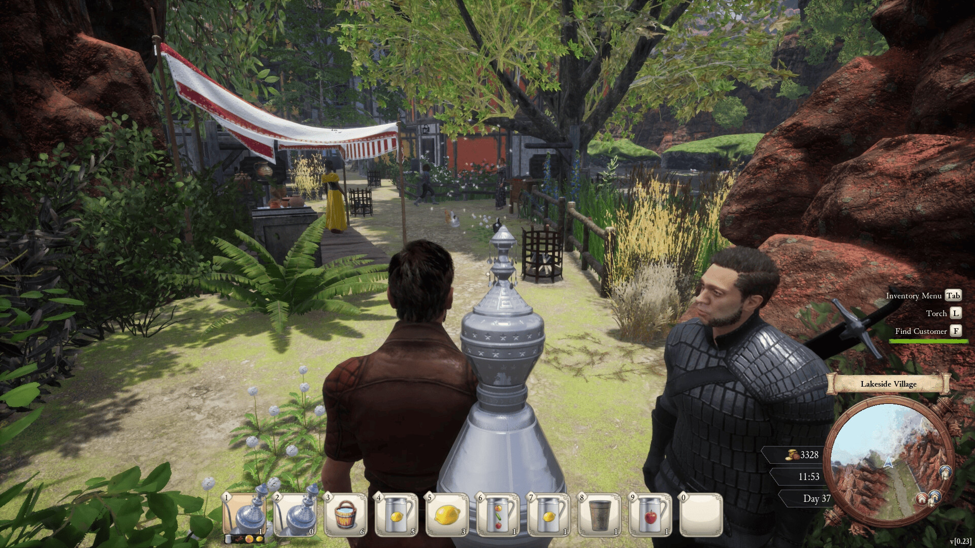Two player characters in a lakeside village market with an NPC, produce stall, cobblestone path, and water in the distance.