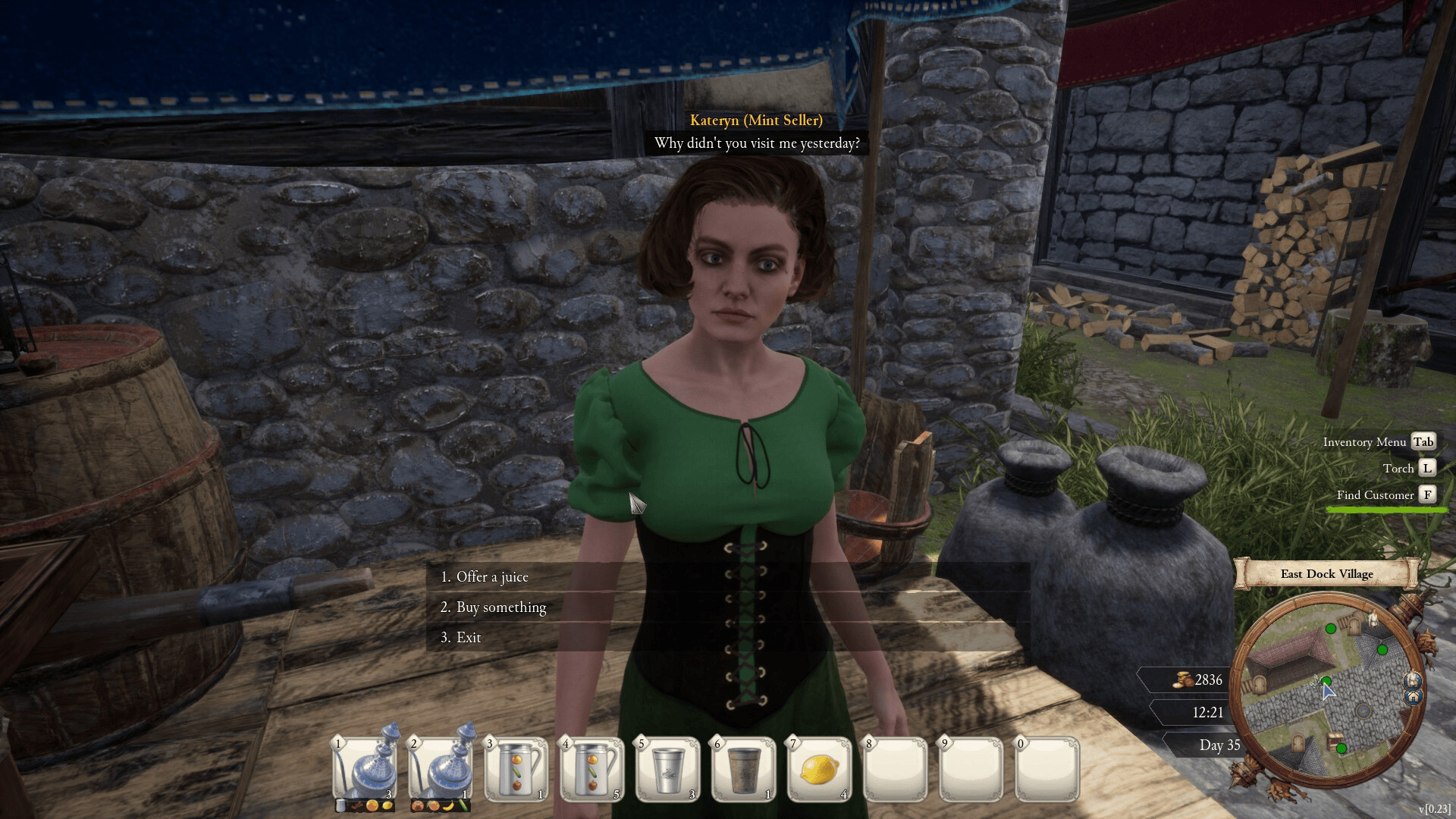 Dialogue with Kateryn the Mint Seller at an East Dock market stall, showing Offer a juice, Buy something, and Exit options.