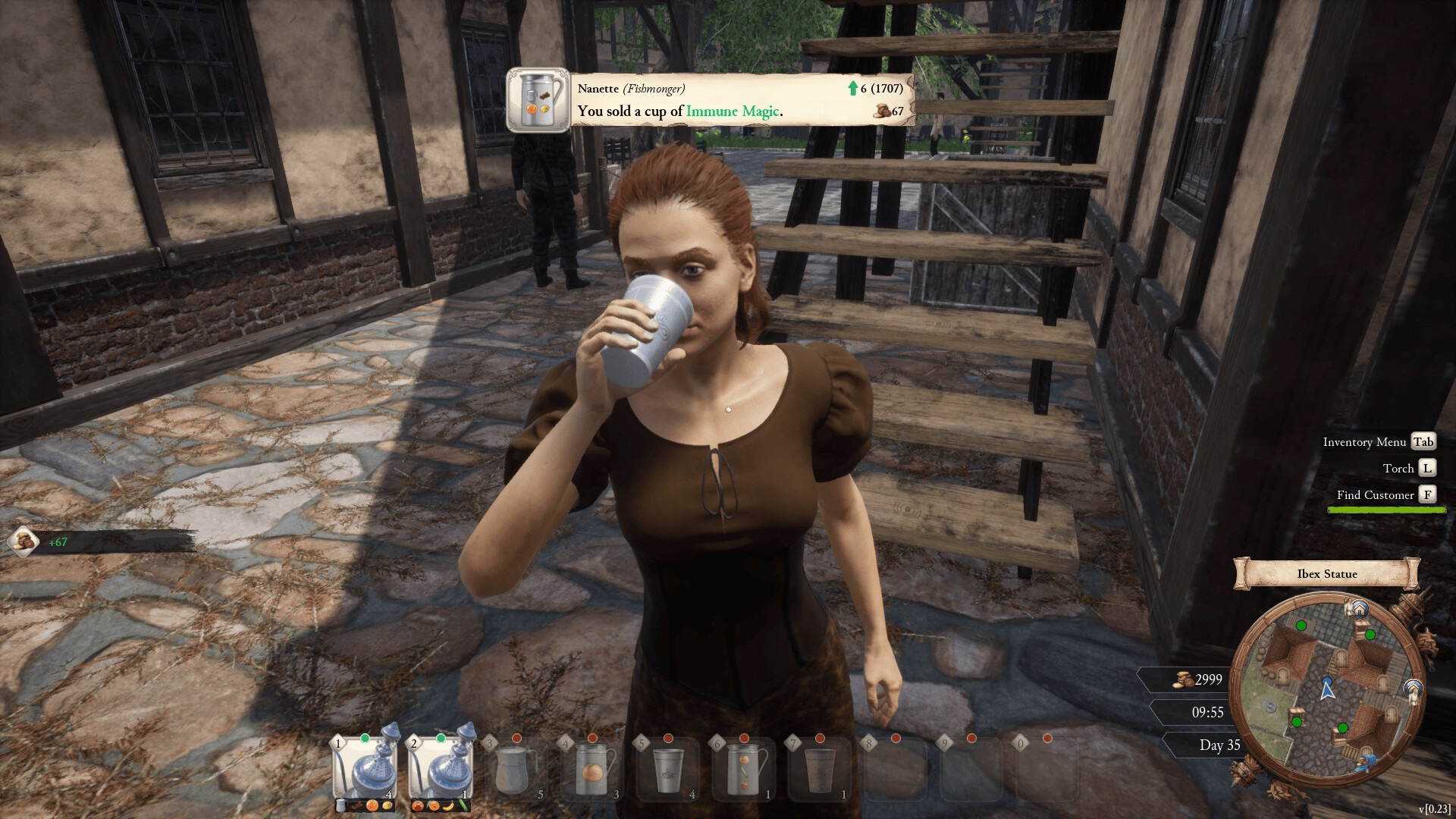 Nanette the Fishmonger drinking a sold cup of Immune Magic, with the sale notification and village street visible.
