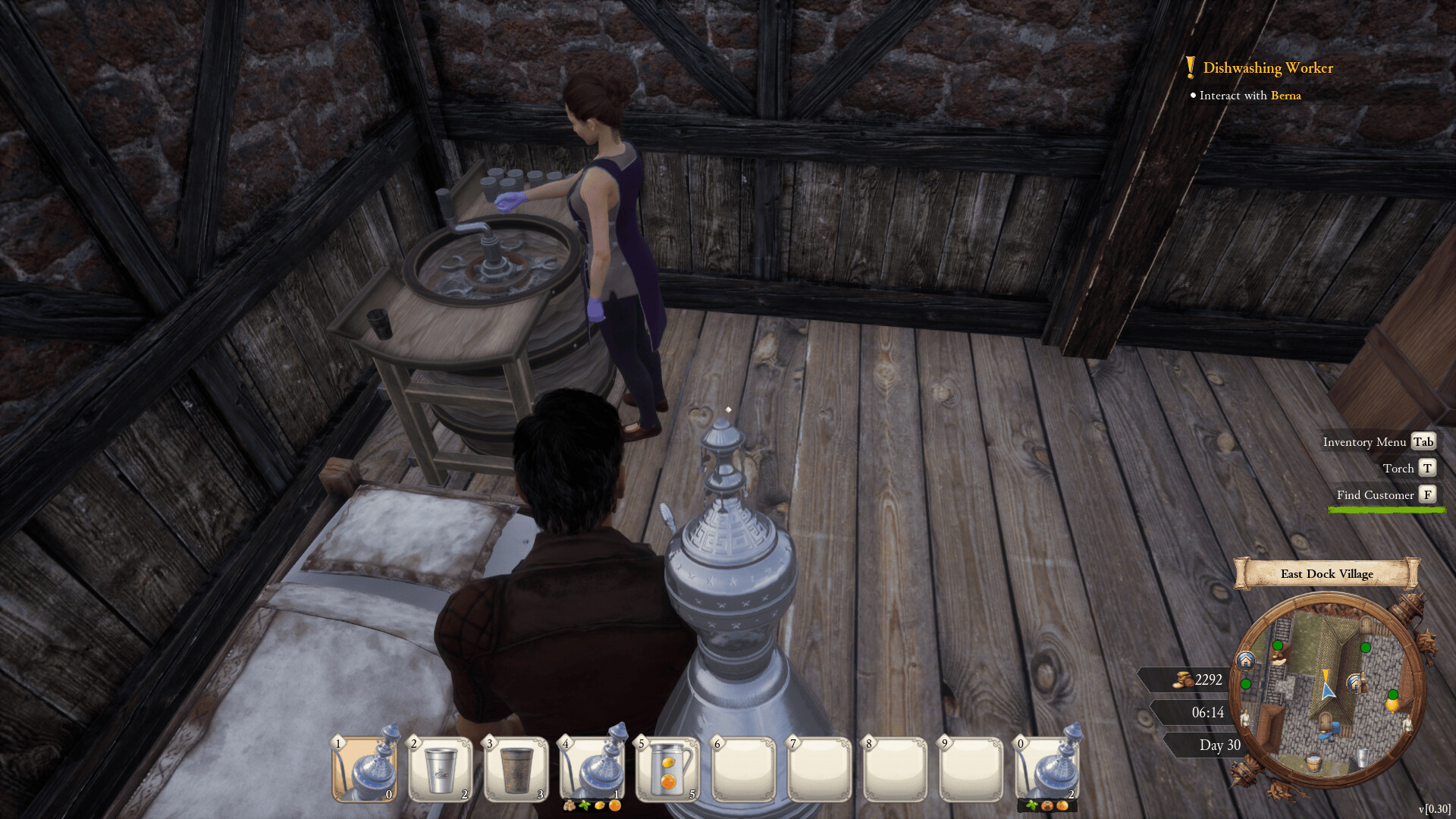 Berna working at a washbasin inside the East Dock room while the Dishwashing Worker quest asks the player to interact with her.
