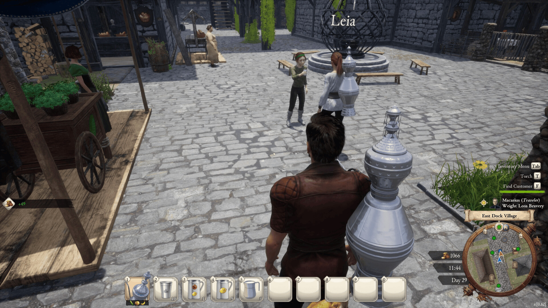 East Dock Village market square with the player, Leia, another NPC, a central fountain feature, and nearby market stalls.