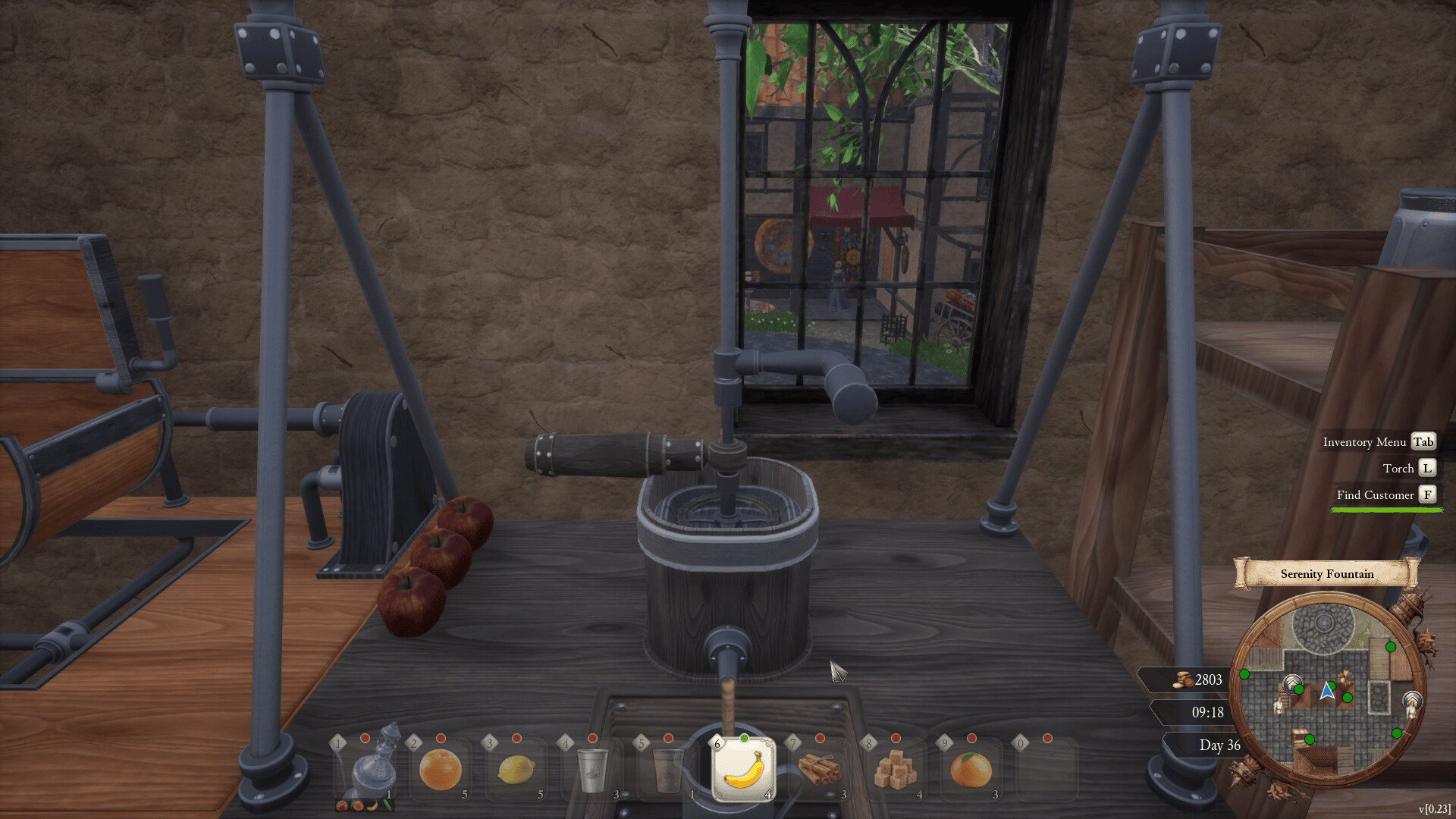 A workshop workbench with a hand-crank machine and apples, looking through a barred window toward a village market street.