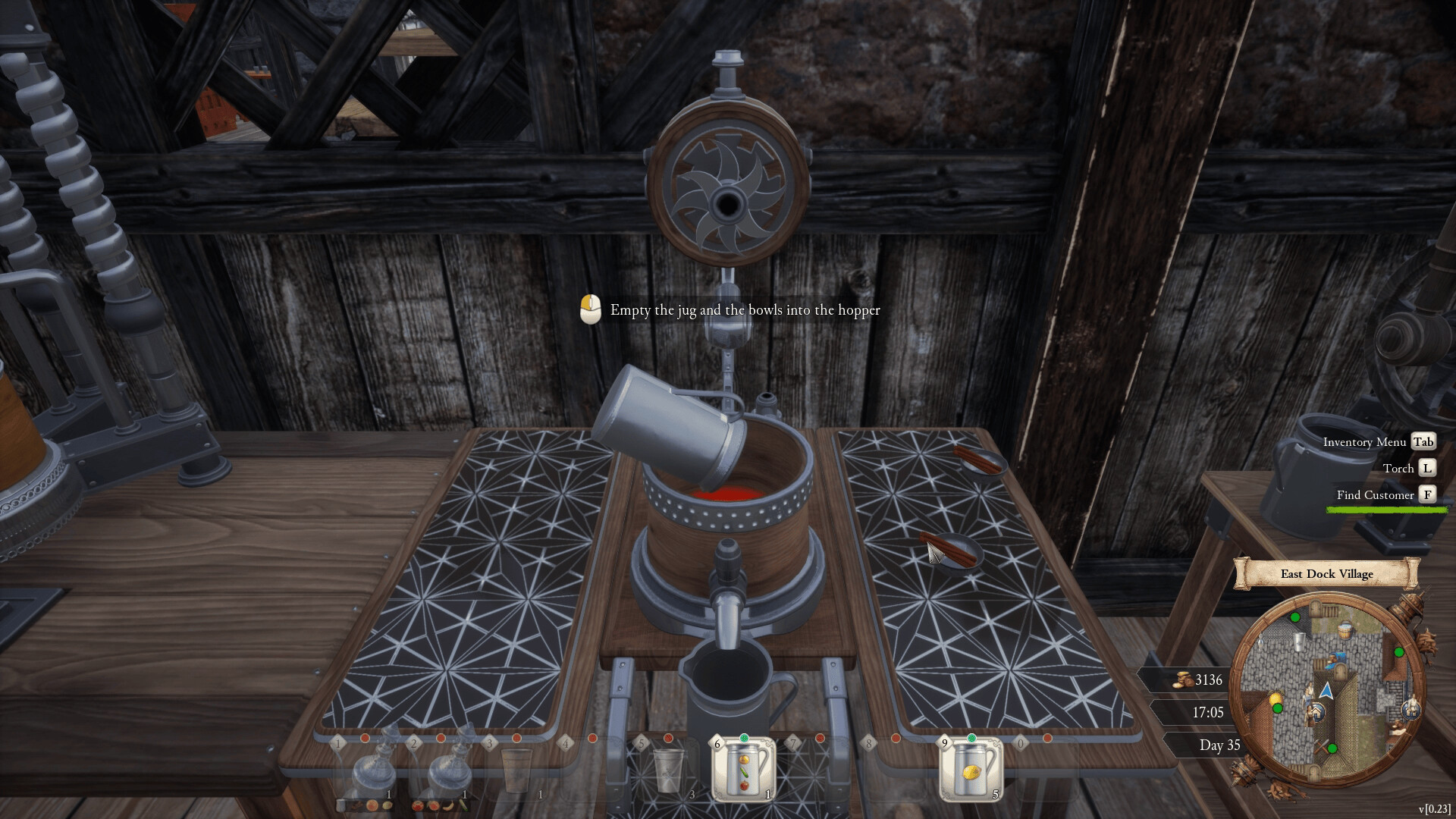 First-person crafting view pouring red liquid into a mechanical hopper, with the prompt to empty the jug and bowls into it.