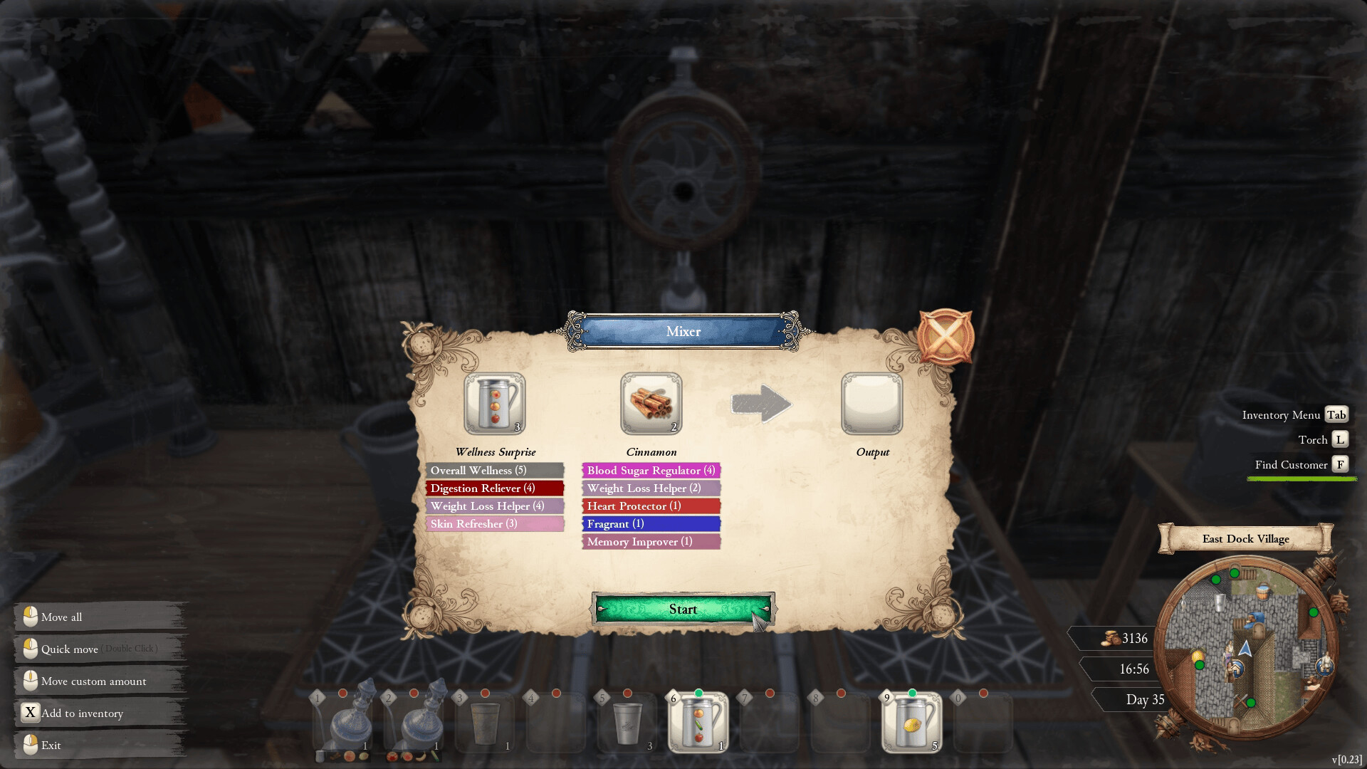 The in-game Mixer interface with ingredient slots, listed drink effects, an output slot, and the Start button.