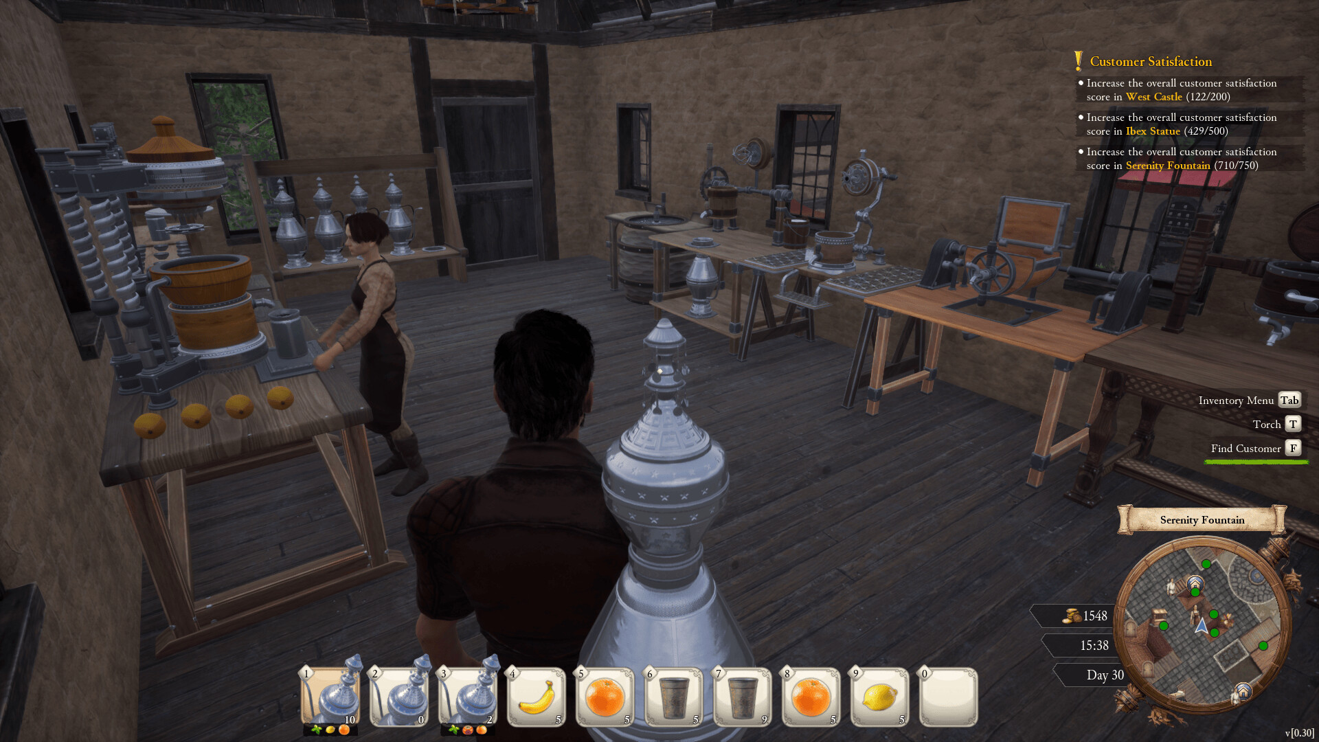 A rustic workshop filled with mechanical presses, cranks, workbenches, and a worker operating a production station.