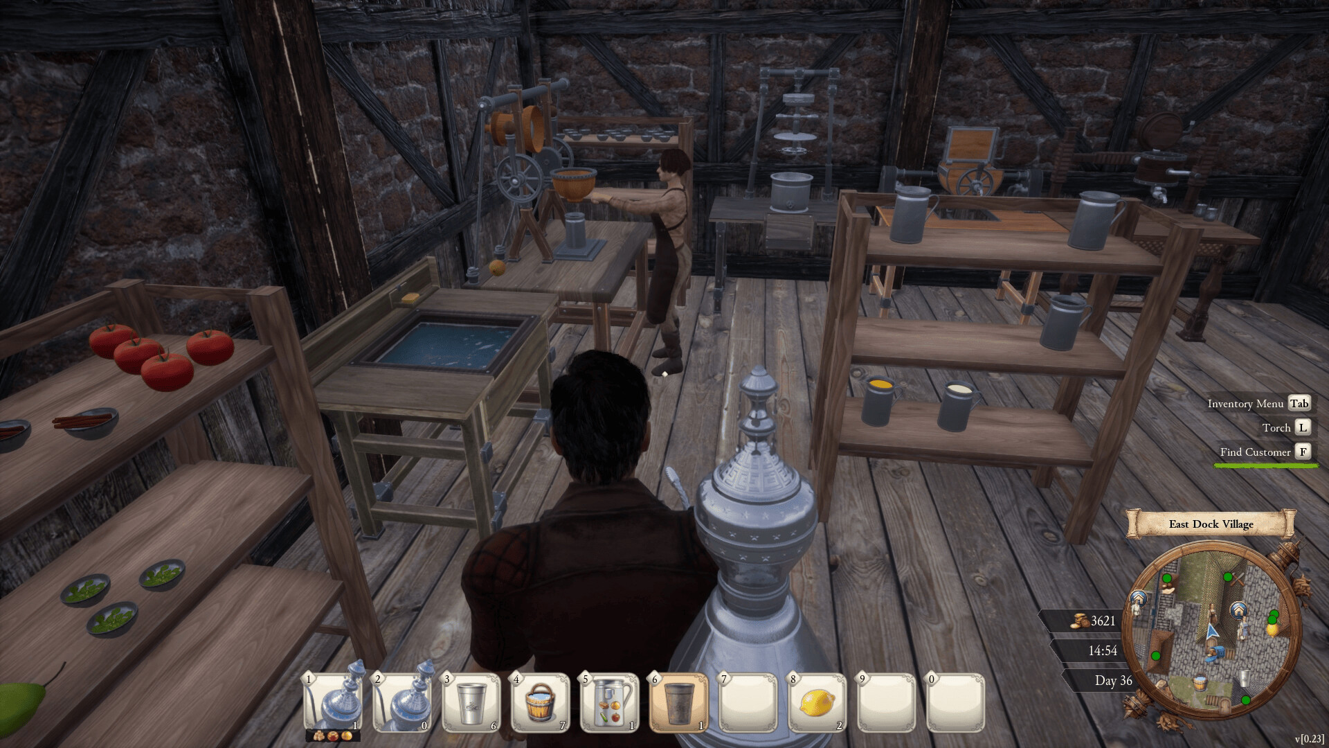East Dock workshop interior with a worker operating a hand-cranked machine among stocked shelves, tubs, and tools.